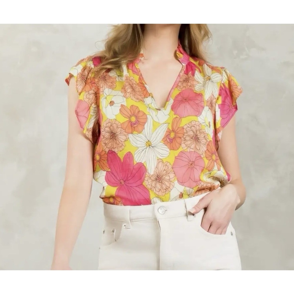 Anthropologie‎ THML Top Women's Medium Floral Short Sleeve Linen Blend Coquette